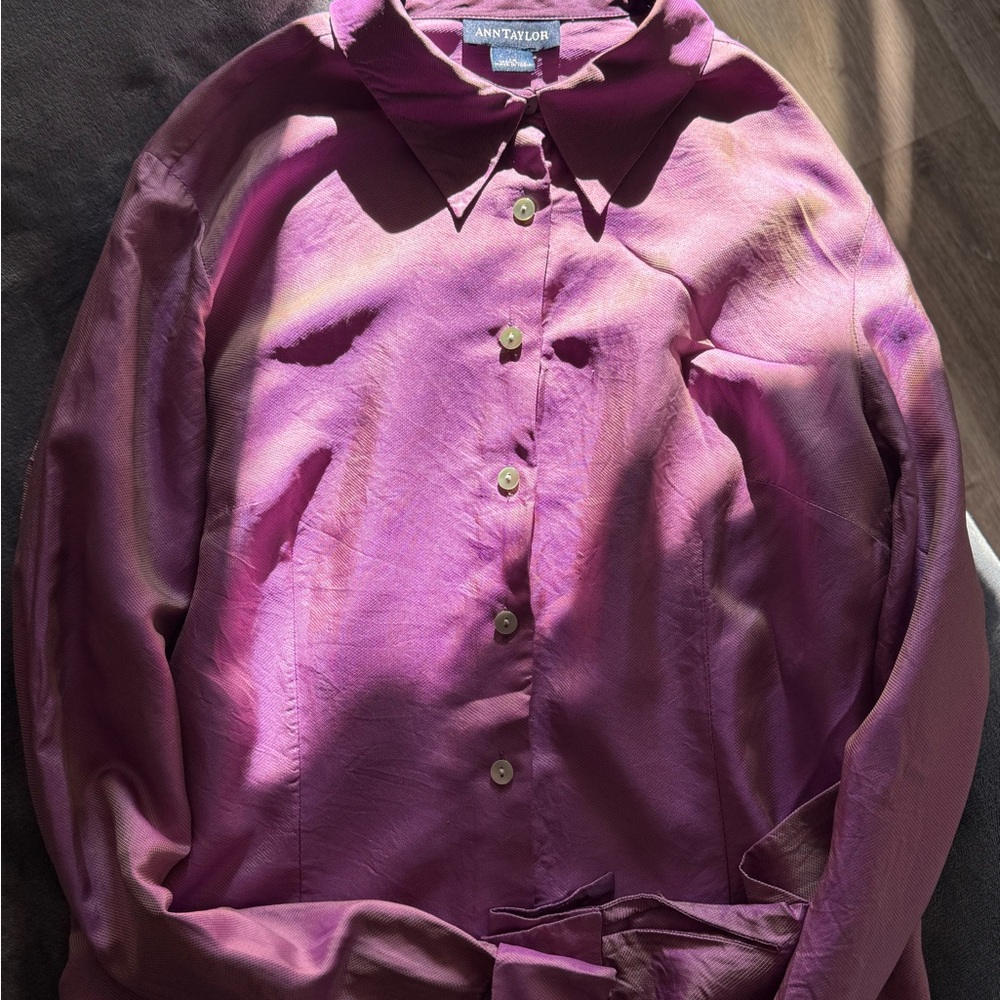 Ann Taylor Rich Plum Purple 100% Silk Button-Up Blouse Size 12